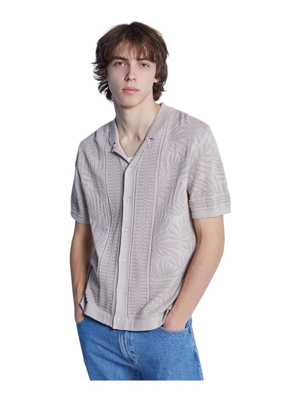 PacSun Crochet Knit Camp Shirt L Beige Coastal Grandpa Resort Y2K Orig $65